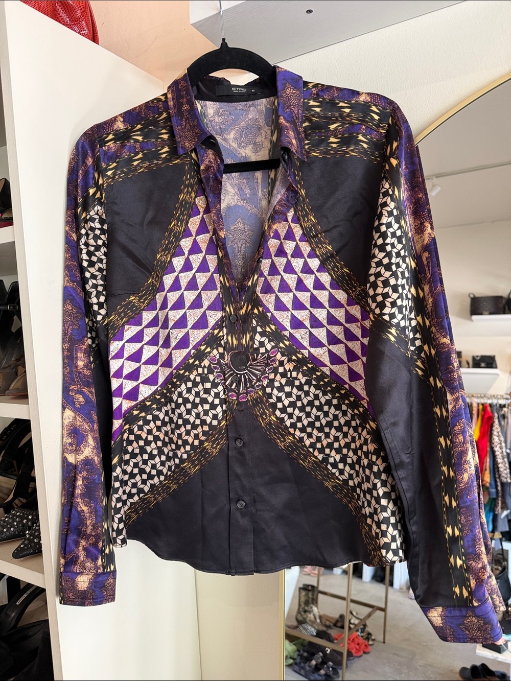 Etro Silky Geometric Print Button-Up Blouse in Black & Purple